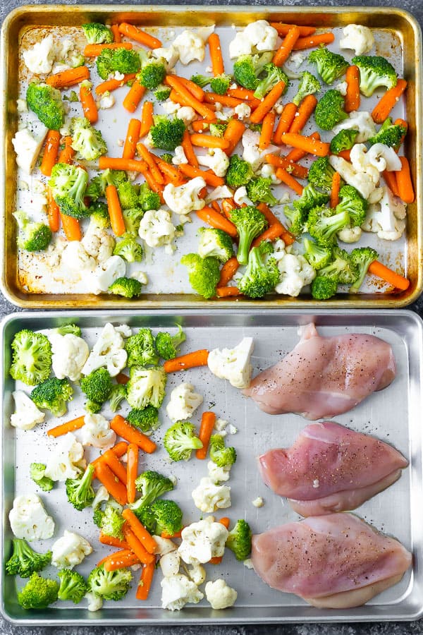 overhead shot of two sheet pans with raw chicken and variety of vegetables on them