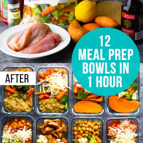 collage image of 12 meal prep bowls that are ready in 1 hour