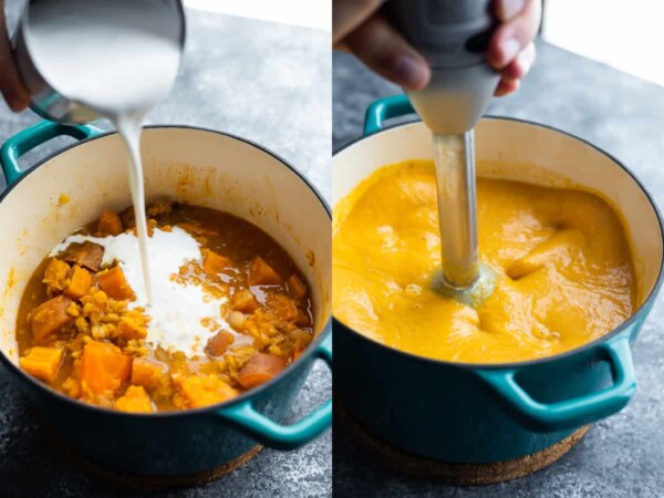 process shots showing how to make sweet potato soup recipe