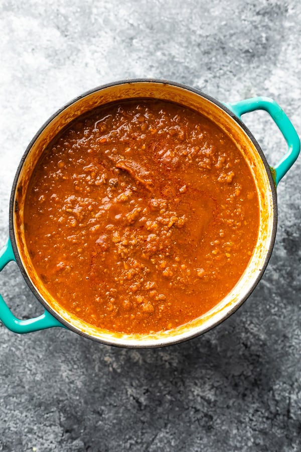 overhead view of vegan pasta sauce in pot