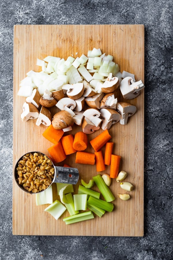 ingredients for the lentil bolognese on a cutting board