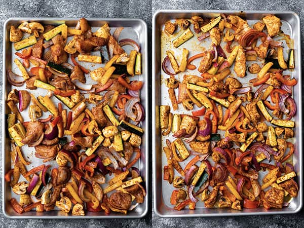 collage image of chicken fajitas oven recipe on sheet pan before and after baking