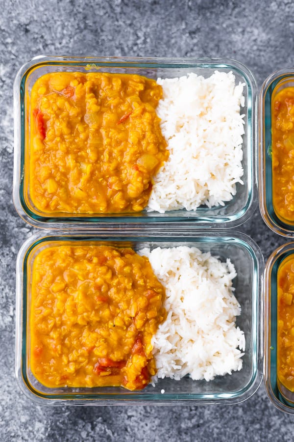 dal and rice in meal prep containers from above