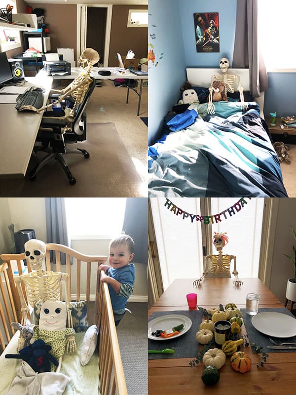 collage image of various rooms in Denise\'s house with a skeleton for halloween