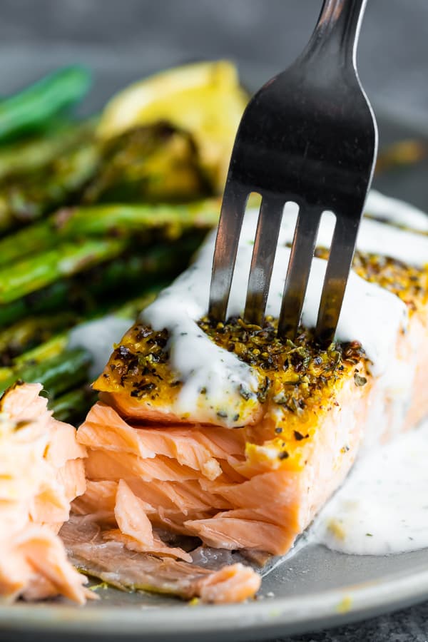 close up shot of lemon pepper salmon with fork cutting into it