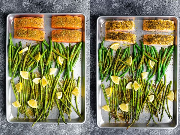 collage image of baked salmon sheet pan before and after baking