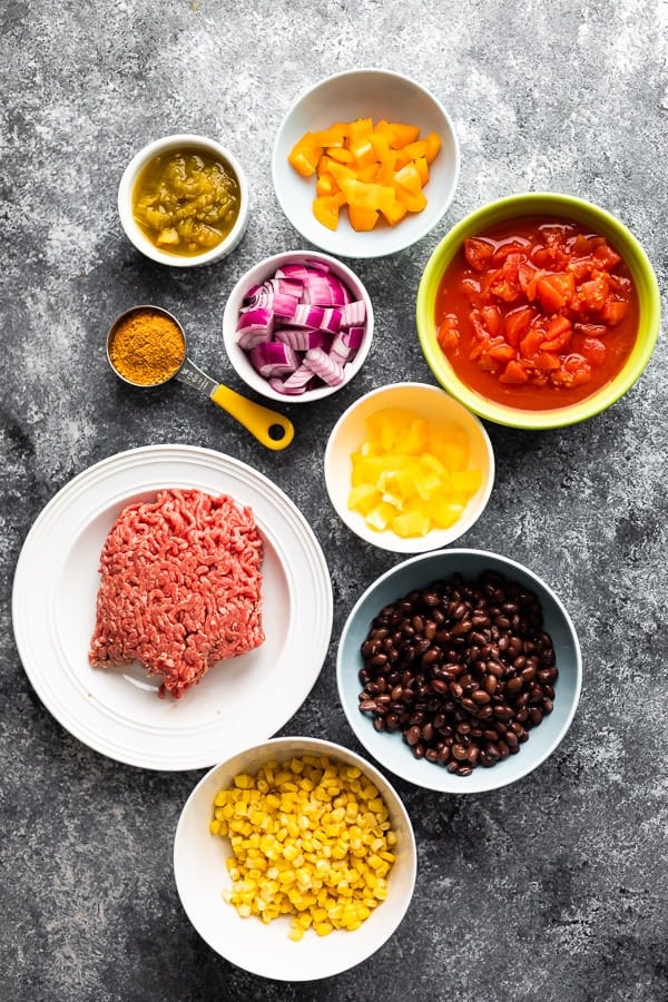 overhead view of ingredients used in taco soup crockpot recipe