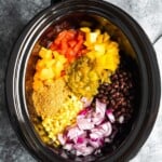 overhead shot of ingredients for the taco soup in crockpot
