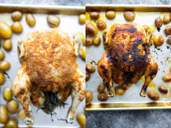 overhead view of crockpot whole roasted chicken before and after broiling