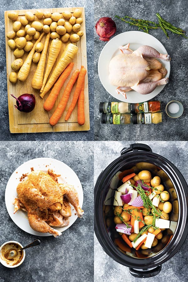 collage image showing how to prepare the slow cooker whole chicken with vegetables