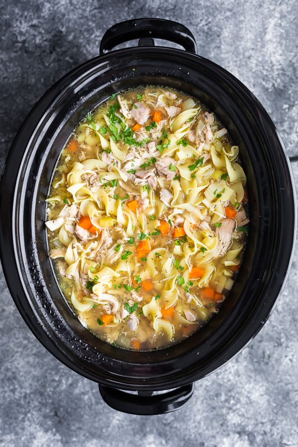 crockpot chicken noodle soup recipe in slow cooker after cooking