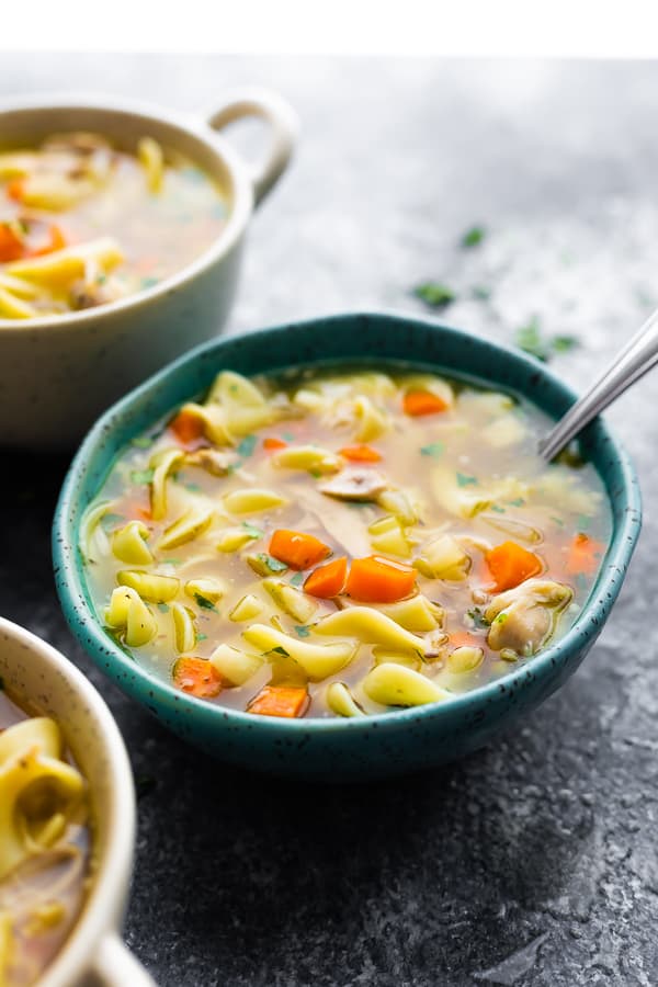 side view of a bowl of homemade chicken noodle soup crockpot 