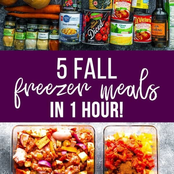 collage image of foods with text overlay saying 5 fall freezer meals in 1 hour