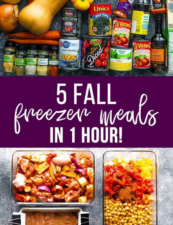 collage image of foods with text overlay saying 5 fall freezer meals in 1 hour