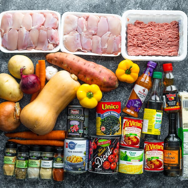 overhead shot of ingredients required for the fall freezer meal stock up