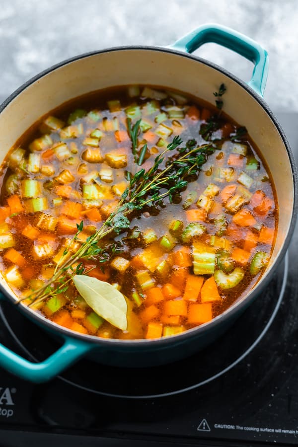 vegan lentil soup in pot before cooking