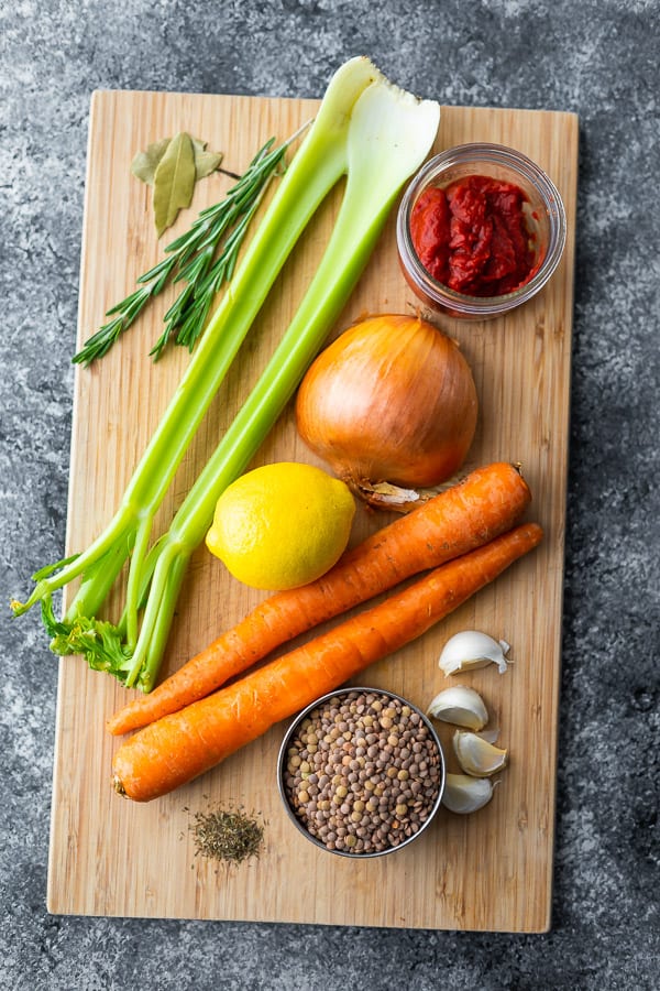 overhead view of ingredients used in this lentil soup recipe