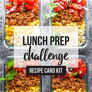 four glass meal prep containers with text lunch prep challenge recipe card kit