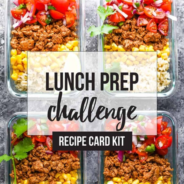 collage image of meal prep containers with text overlay lunch prep challenge recipe card kit