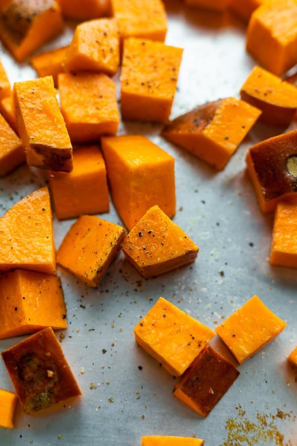 sweet potato cubes on sheet pan for wild rice salad