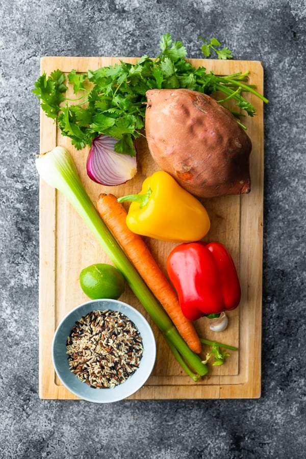 overhead view of ingredients used in sweet potato salad recipe