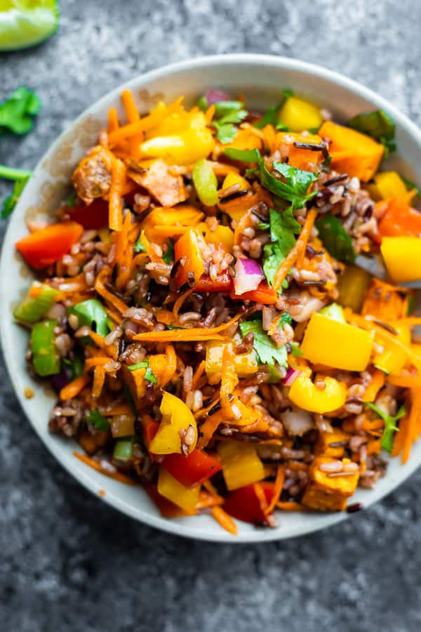 overhead view of the roasted sweet potato salad