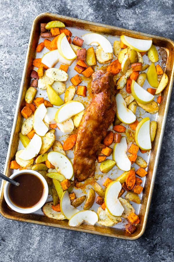 overhead view of One Pan Roasted Pork Tenderloin with Apples and Root Vegetables