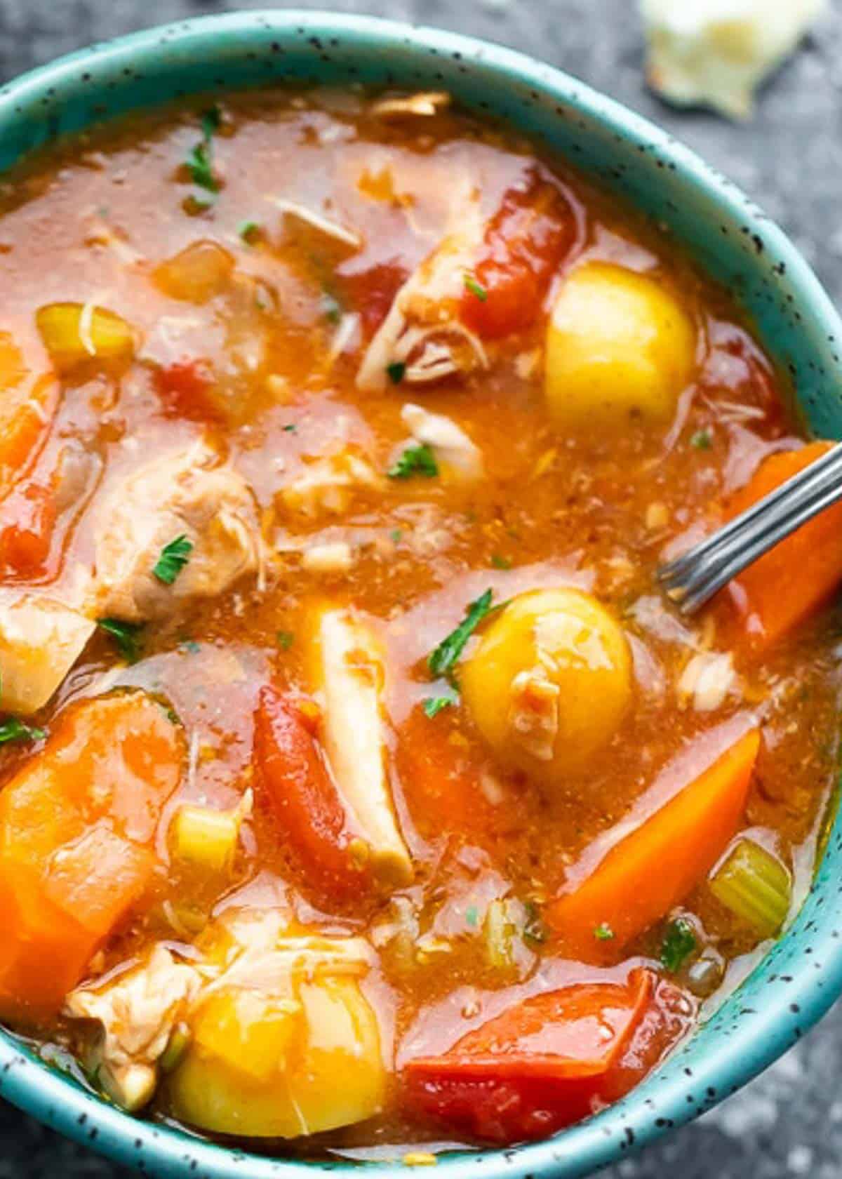 a close up overhead shot of slow cooker chicken stew