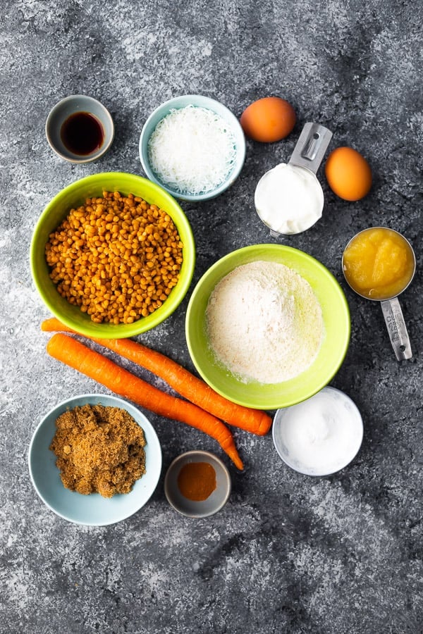 overhead shot of ingredients required for protein muffin recipe