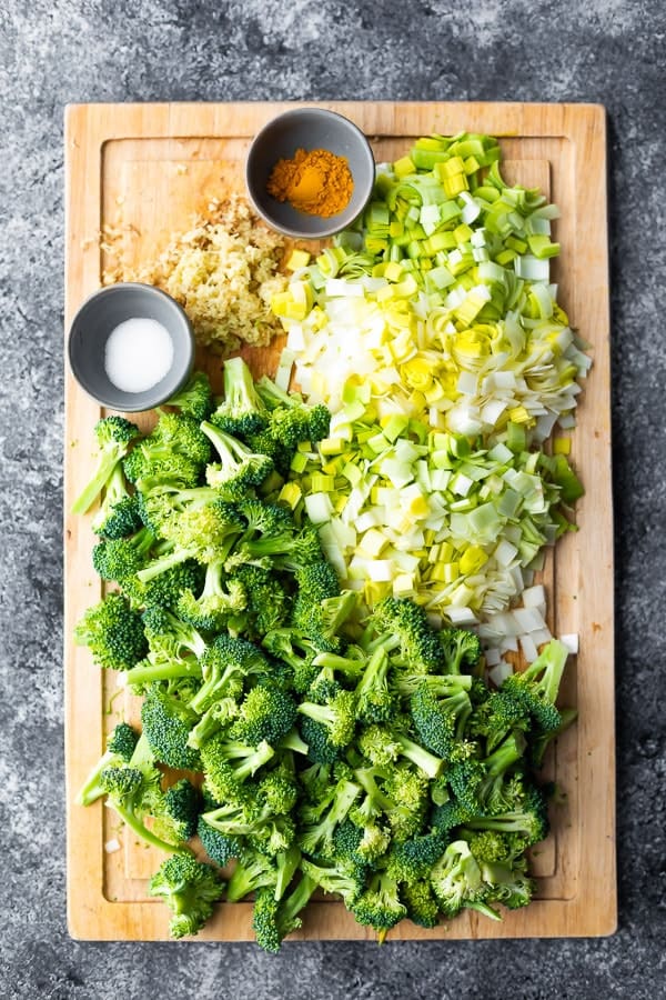 ingredients required for the keto broccoli soup on cutting board