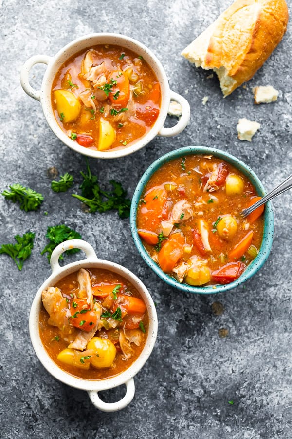 three bowls of crockpot chicken stew