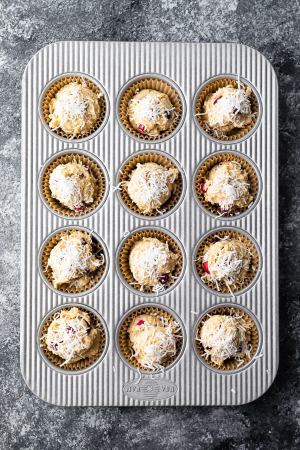 cranberry muffin recipe in muffin pan before baking