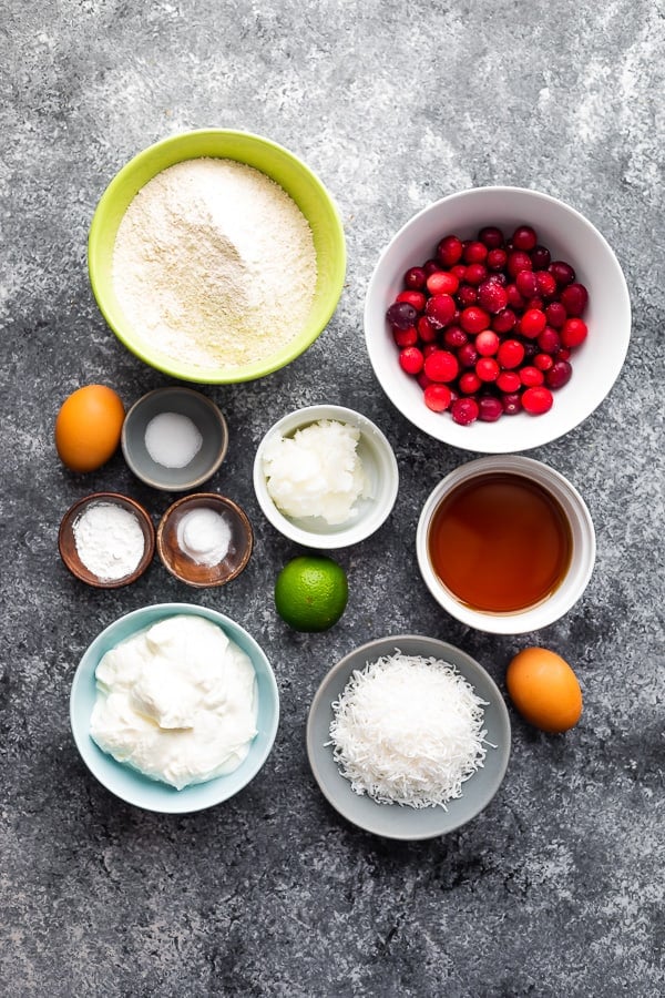 overhead view of ingredients required for cranberry muffin recipe
