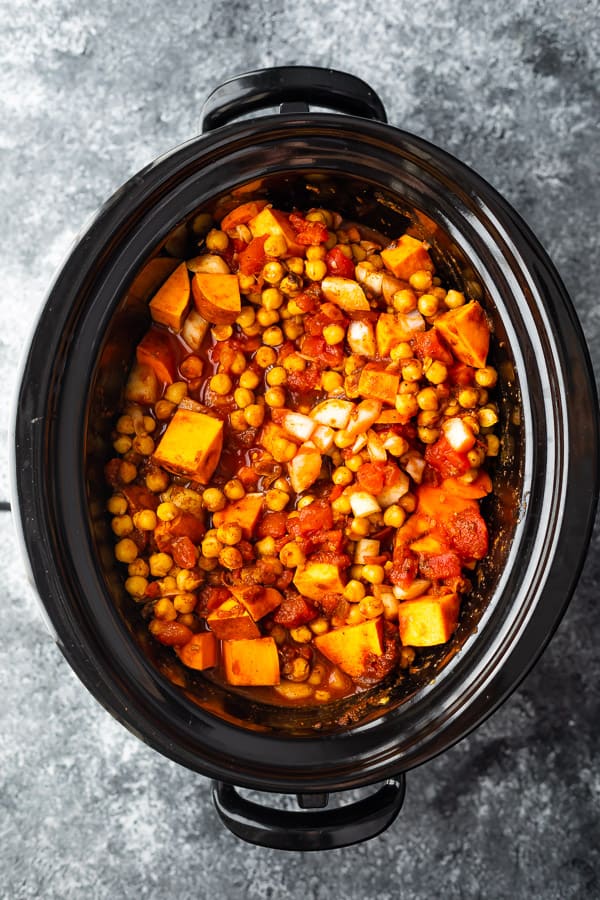 crock pot chickpea chili ready to cook