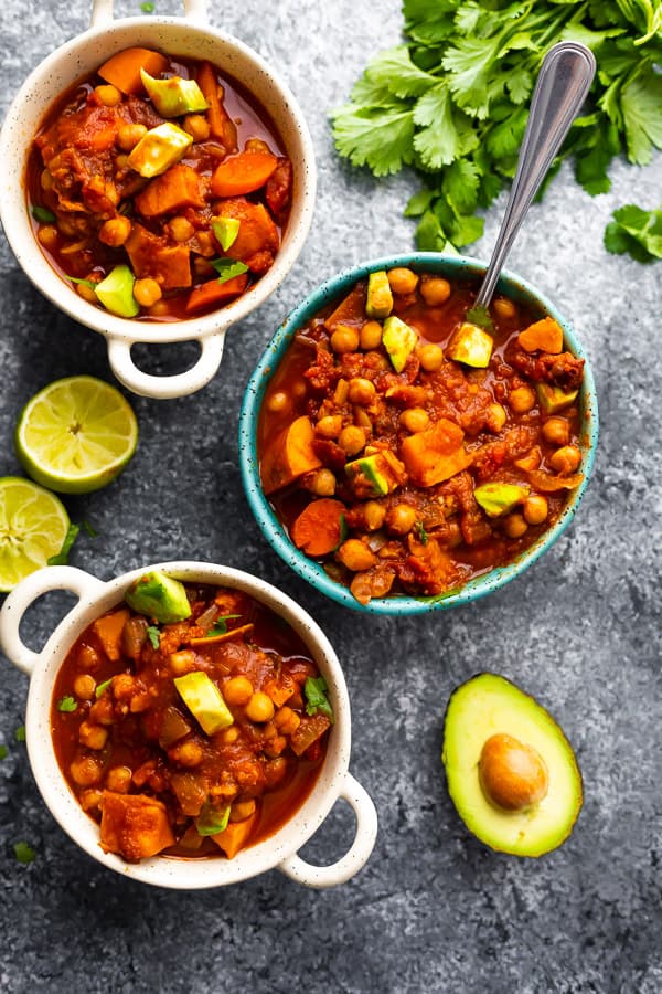 three bowls of Spicy Slow Cooker Chickpea Chili 