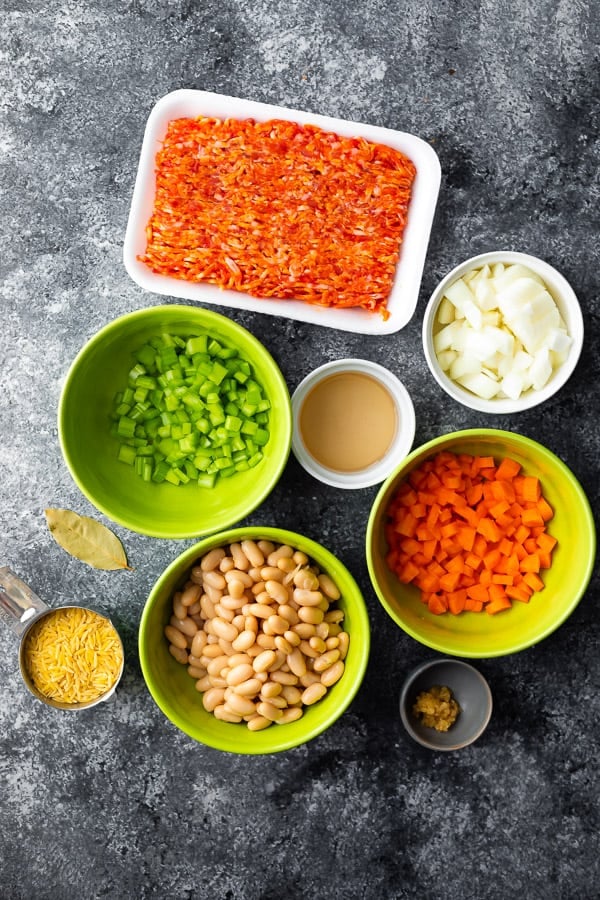 overhead view of the ingredients required for sausage orzo soup