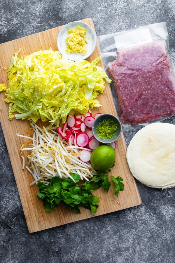 overhead view of ingredients required for asian tacos