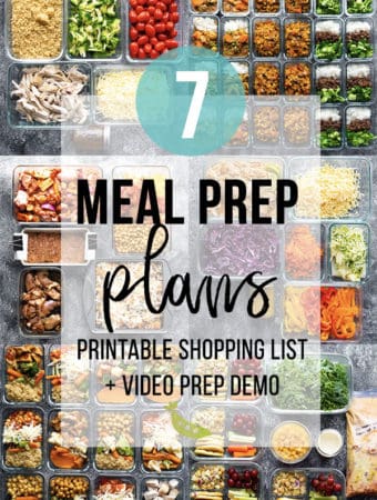 collage image with various foods with text overlay saying 7 meal prep plans printable shopping list and video prep demo