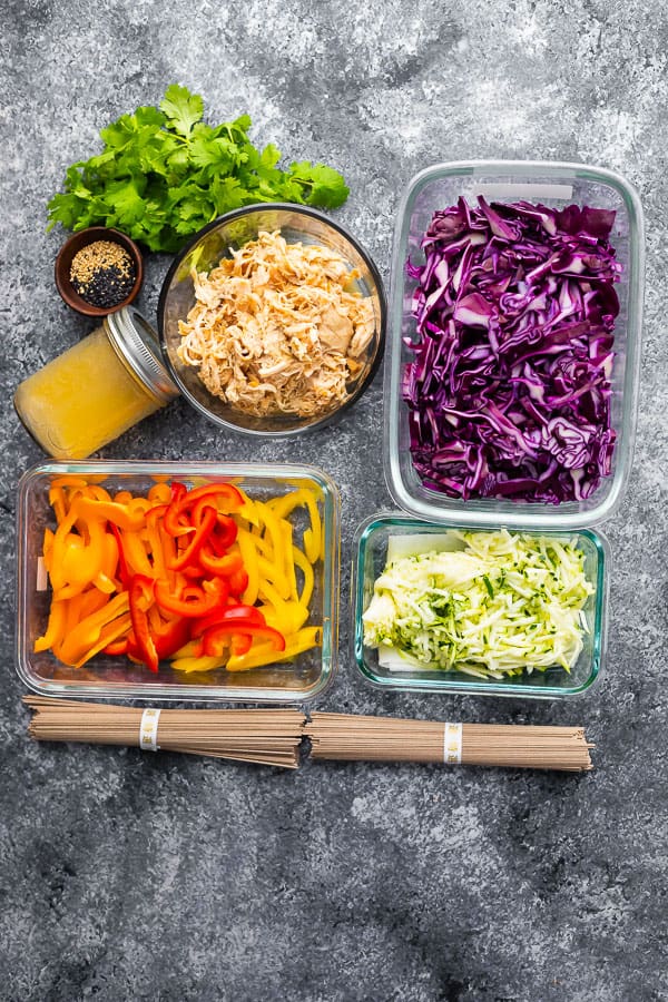 overhead view of the ingredients required to make cold soba noodle salad