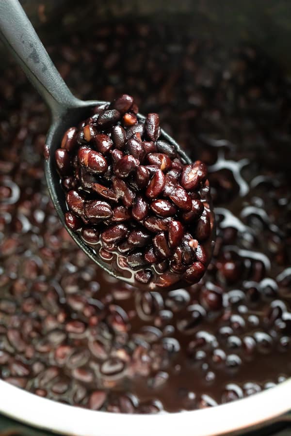 close up shot of cooked black beans on spoon