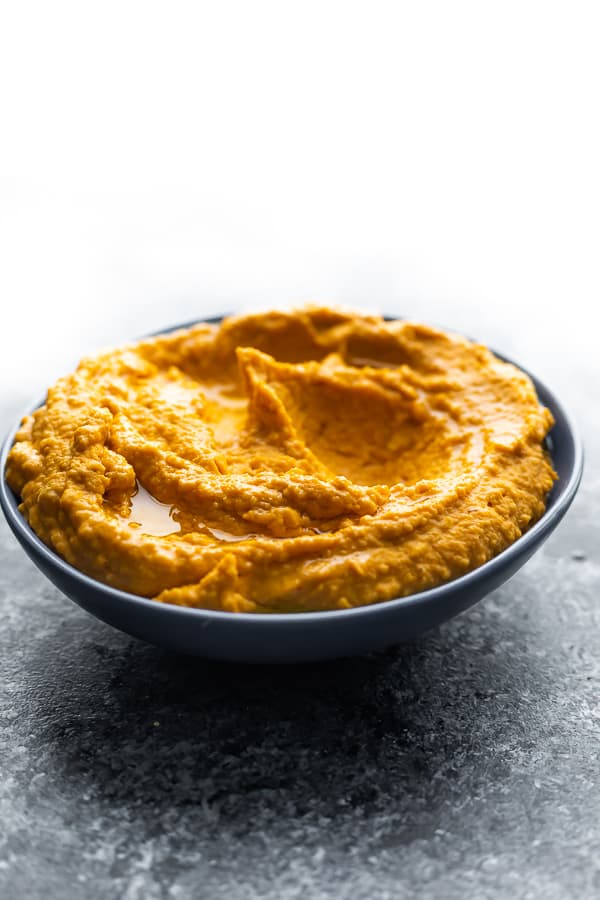 smoky sweet potato hummus in a bowl