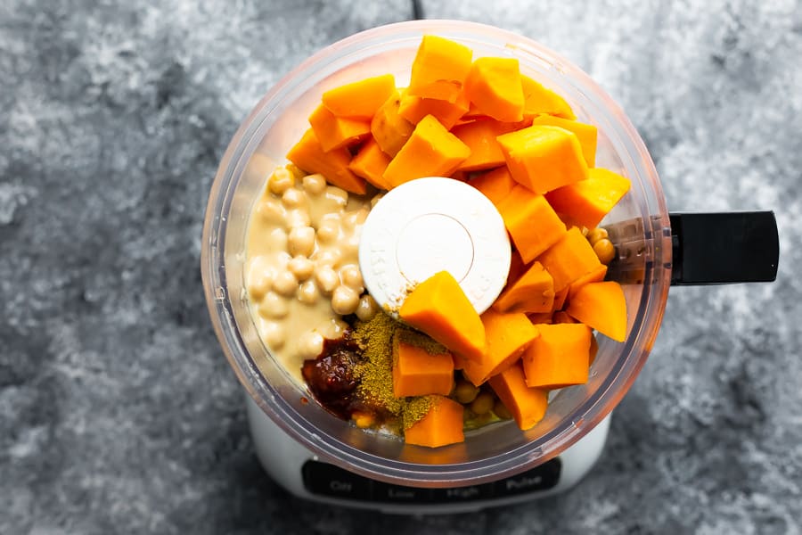 sweet potato hummus ingredients in the food processor