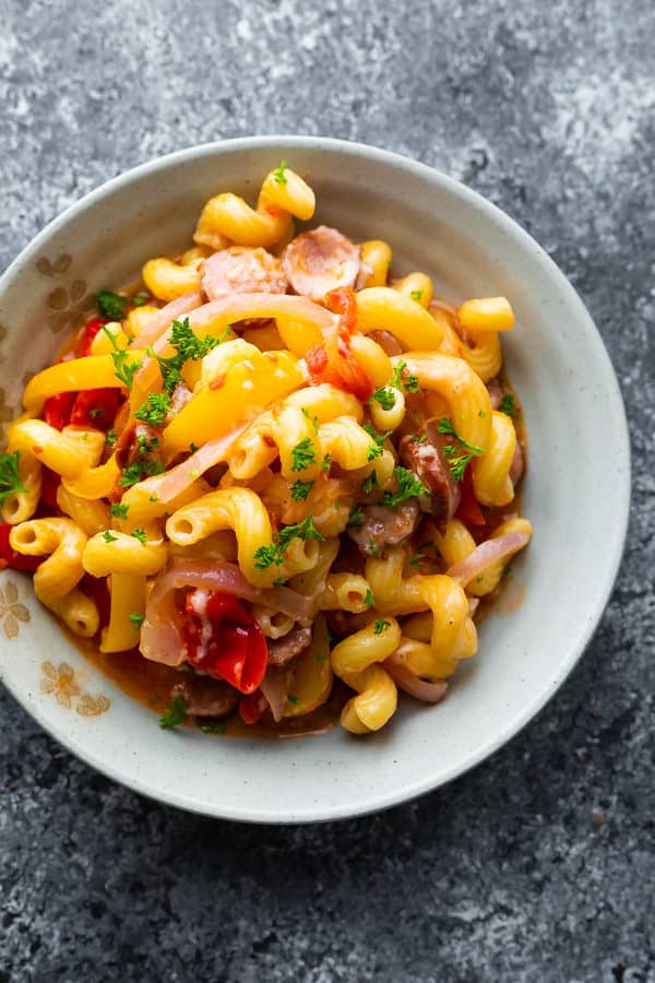 overhead view of the One pot sausage pasta in a white bowl