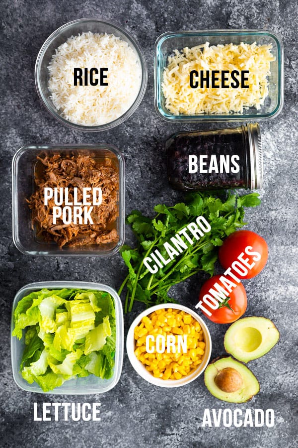 overhead shot with text description on multiple ingredients for the pulled pork burrito bowl