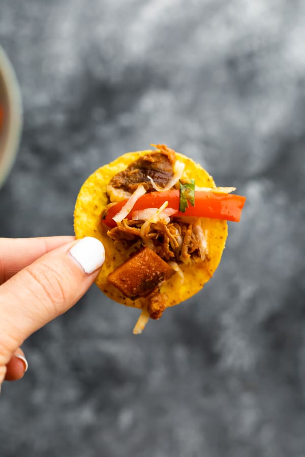 tortilla chip with pulled pork sweet potato skillet and cheese 