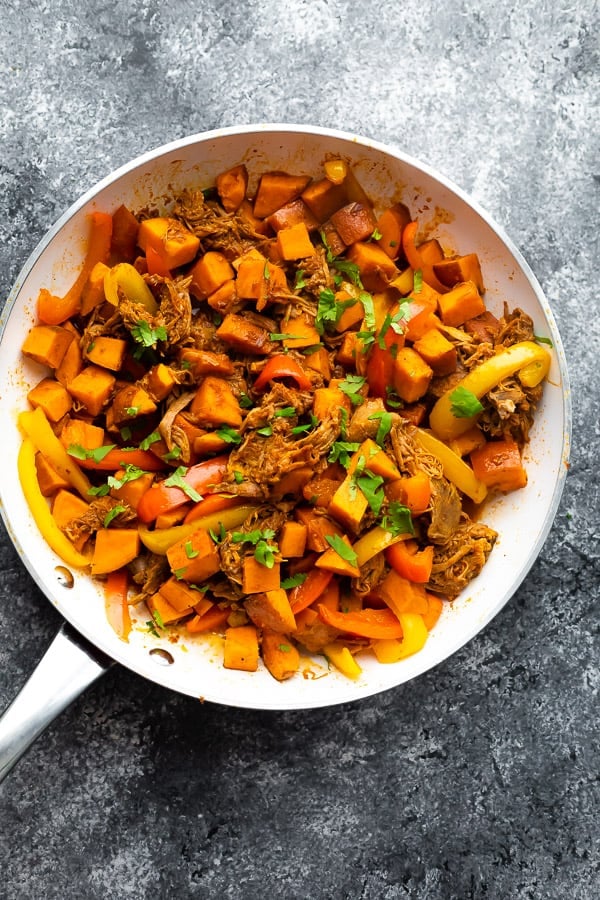 overhead view of the pulled pork sweet potato skillet