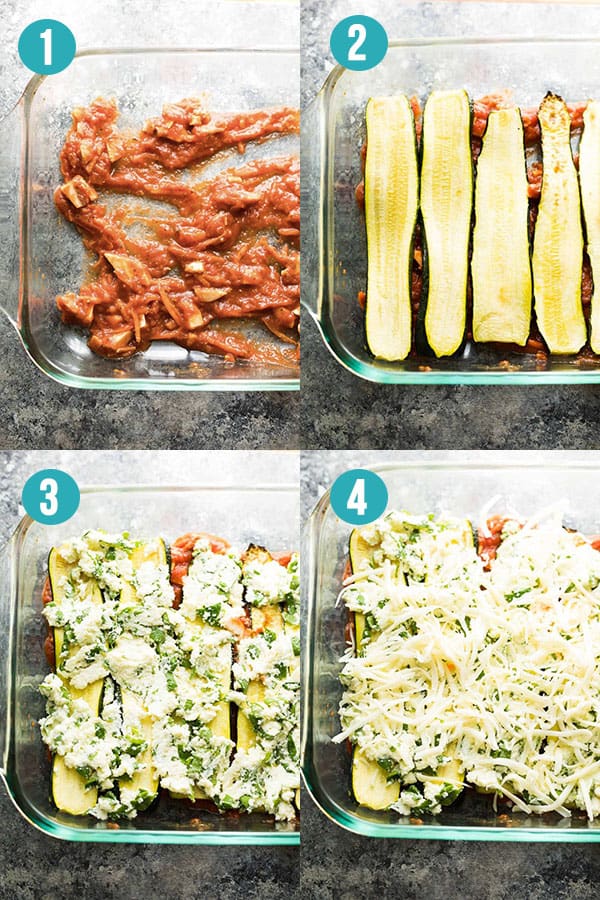 collage image with step by step directions for how to layer zucchini lasagna