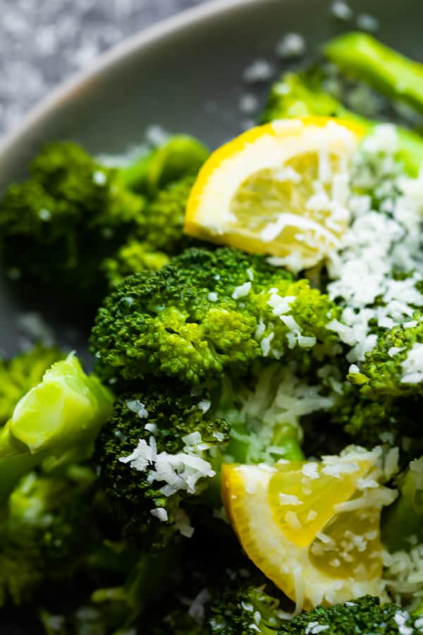 close up of instant pot steamed broccoli on a plate