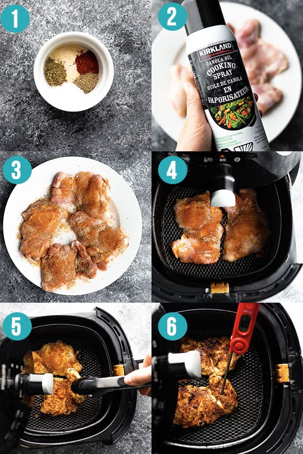 collage image showing how to cook boneless chicken thighs in the air fryer