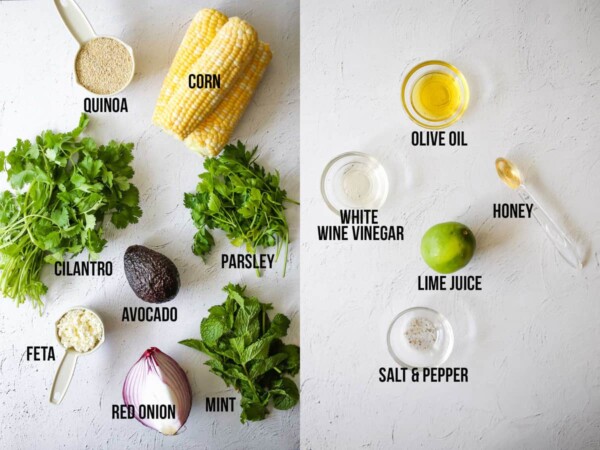 collage image showing the ingredients required to make charred corn quinoa salad